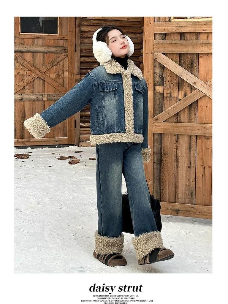Girls' High-Quality Quilted Denim and Lamb Wool Winter Set - Fleece-Lined Jacket and Coat