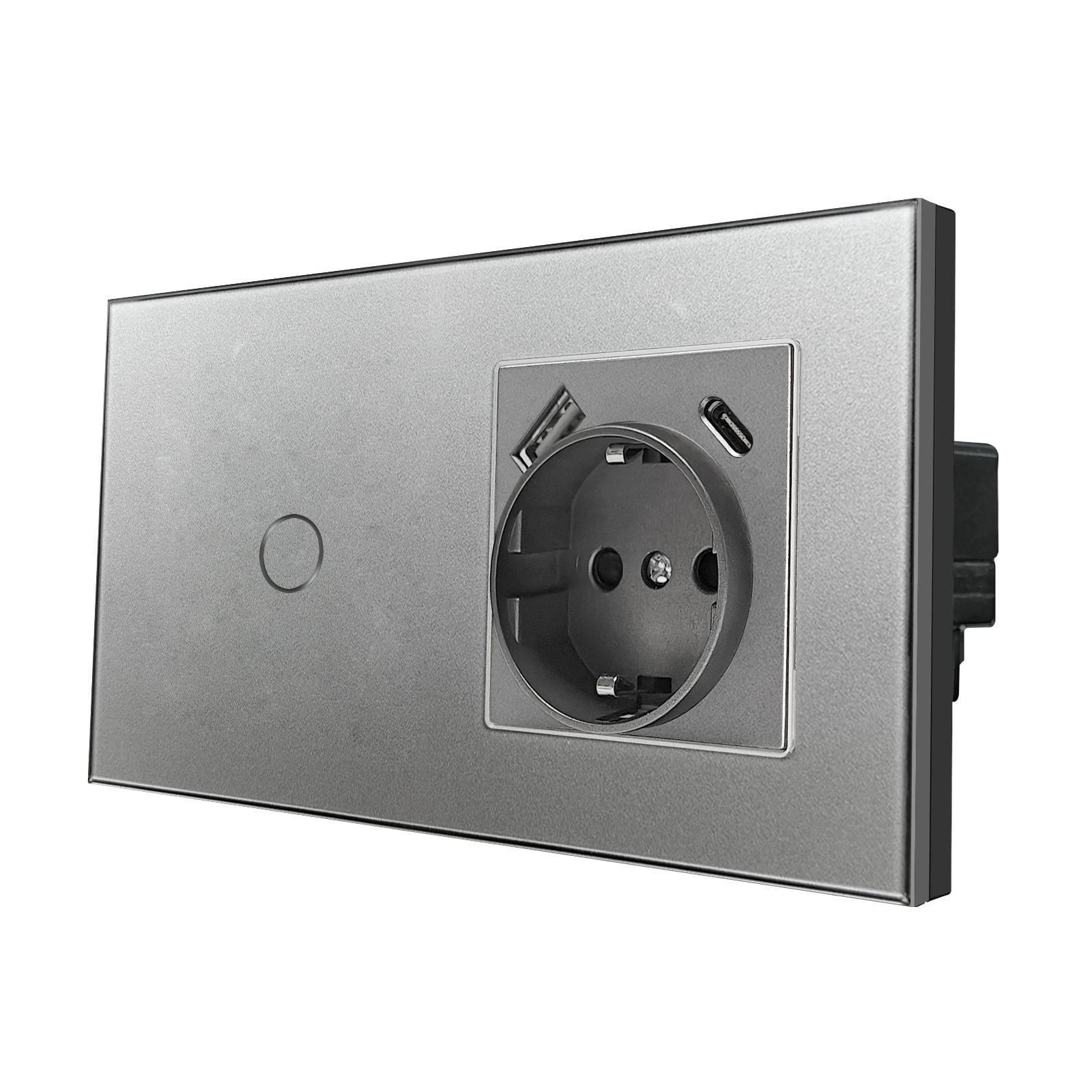 

Сенсорний вимикач зі стандартним сірим загартованим склом ЄС із гніздом USB C, настінним вимикачем 220 В, подвійною розеткою з круглим днищем EU standard