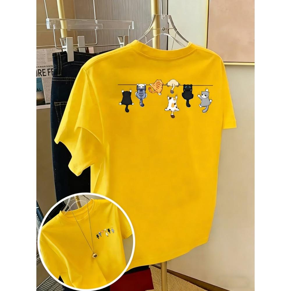 Cartoons Cats Prints T-Shirts Summer Womens Cotton T Shirts Basic O-Neck Oversized Short Sleeve Tops Casual Street Woman Clothes