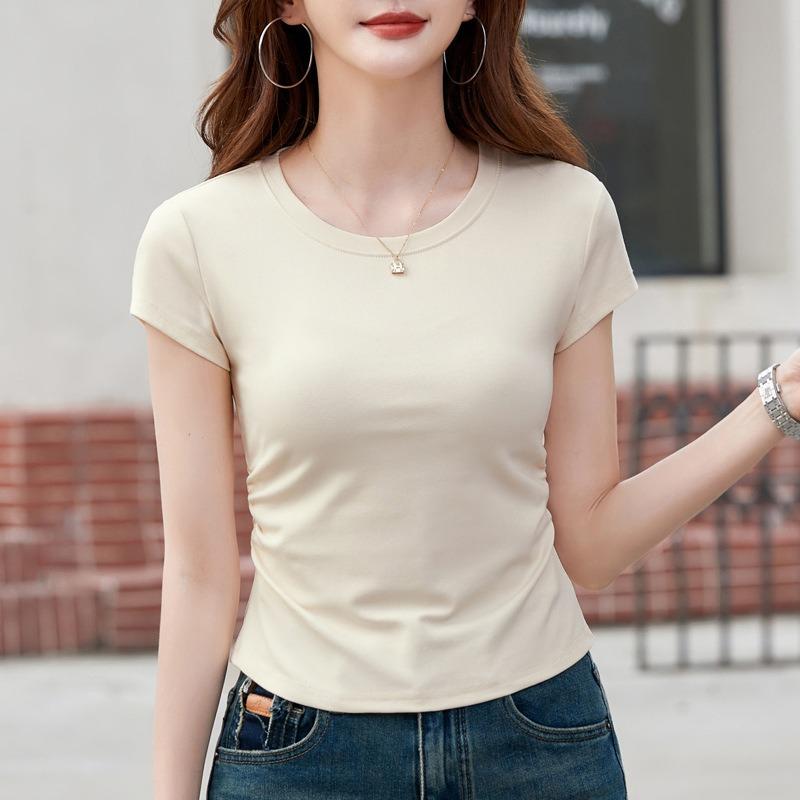 Dámské bavlněné tričko s pozitivním ramenem se závitem, spodní tričko, jaro a léto, slim, tenké, přiléhavé, s krátkým rukávem