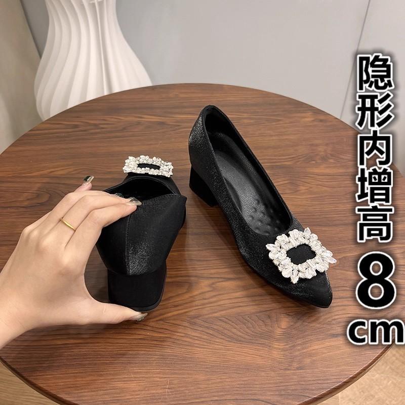 French rhinestone soft leather inner height increase 8cm single shoes women's 2025 new temperament pointed versatile shallow mouth high heels