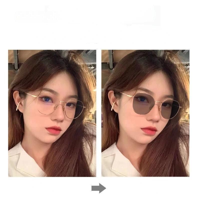 Pochromic Anti Blue Light Polygons Myopia Glasses Women Men Metal Discolored Nearsighted Eyeglasses 0-0.5-1-1.5...-4.0