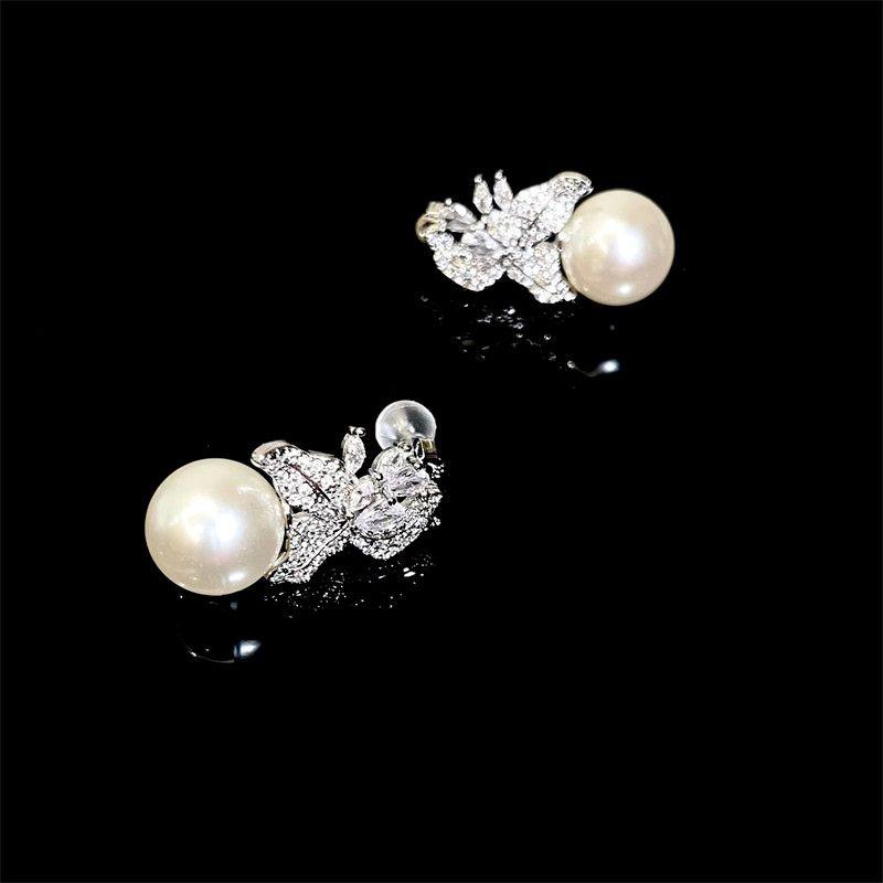 Fashion Vintage Zircon Flower Ear Stud Necklace Big Pearl