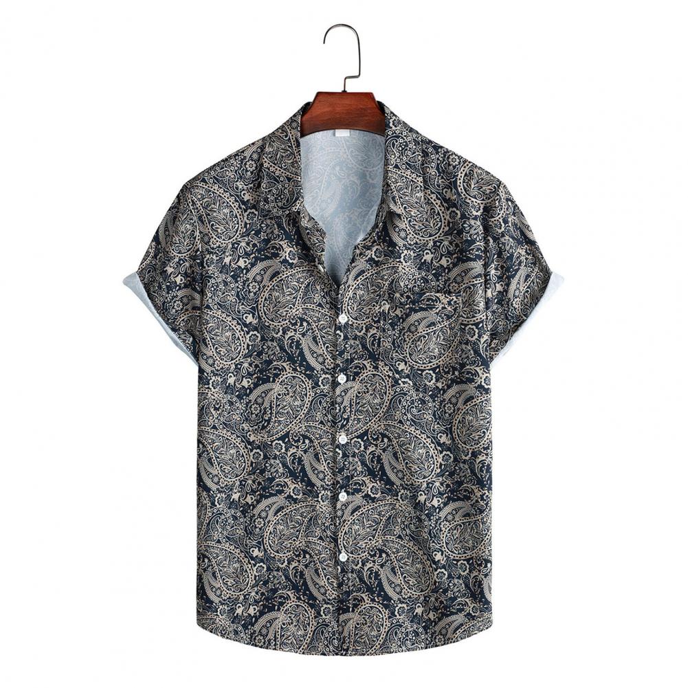 Short-sleeved Shirt Men Beach Shirt Tropical Floral Print Hawaiian Shirt for Men Beach Vacation Top with Chest Pocket Lapel