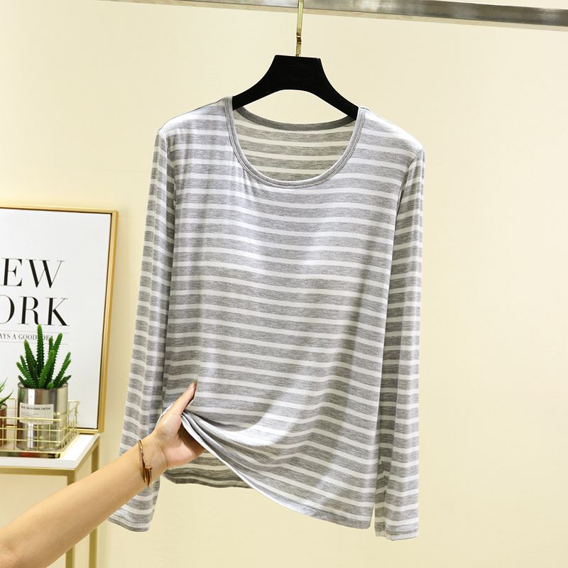 

Модальный топ с длинным рукавом и нагрудными подушечками, женская осенняя тонкая и универсальная полосатая футболка большого размера, свободная, визуально стройнящая базовая рубашка Light gray M (recommended 40.00 kg-50.00 kg