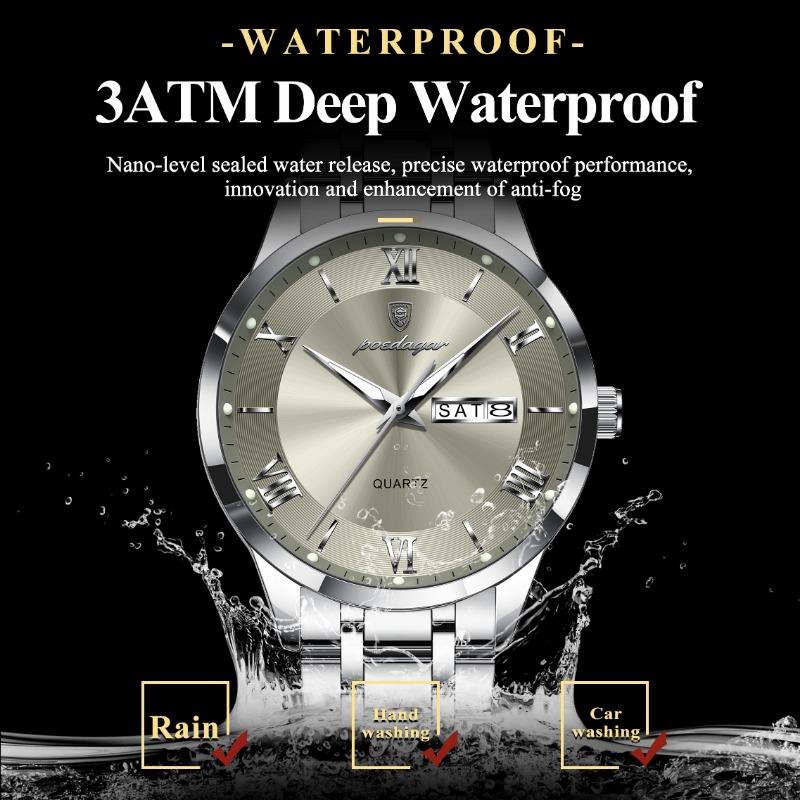POEDAGAR Luxury Fashion Men Clock Waterproof Luminous Week Date Sports Wristwatch Stainless Steel Quartz Watches Reloj