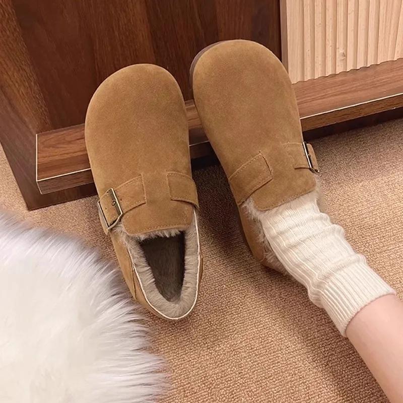 Vintage Flat Boots Women's Winter Warm Cotton Shoes Soft Bottom Slip-on Shoes Thickened Brogues Women Shoes