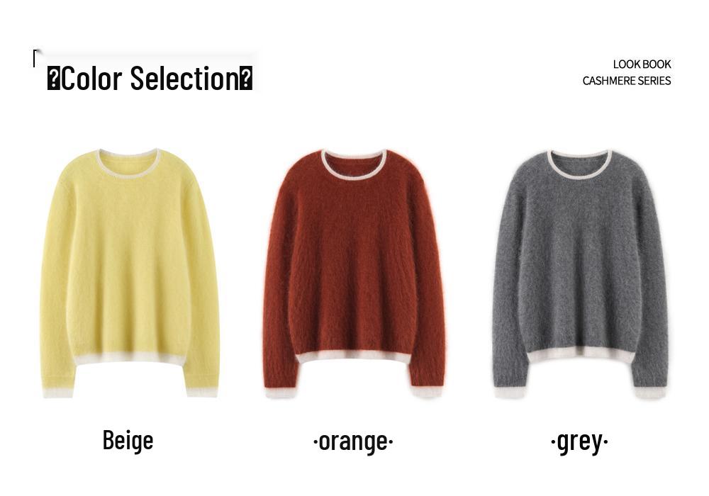 Women's 100% Cashmere Color Block Round Neck Pullover Sweater - Autumn/Winter Seven Gauge Single Ply Loose Fit