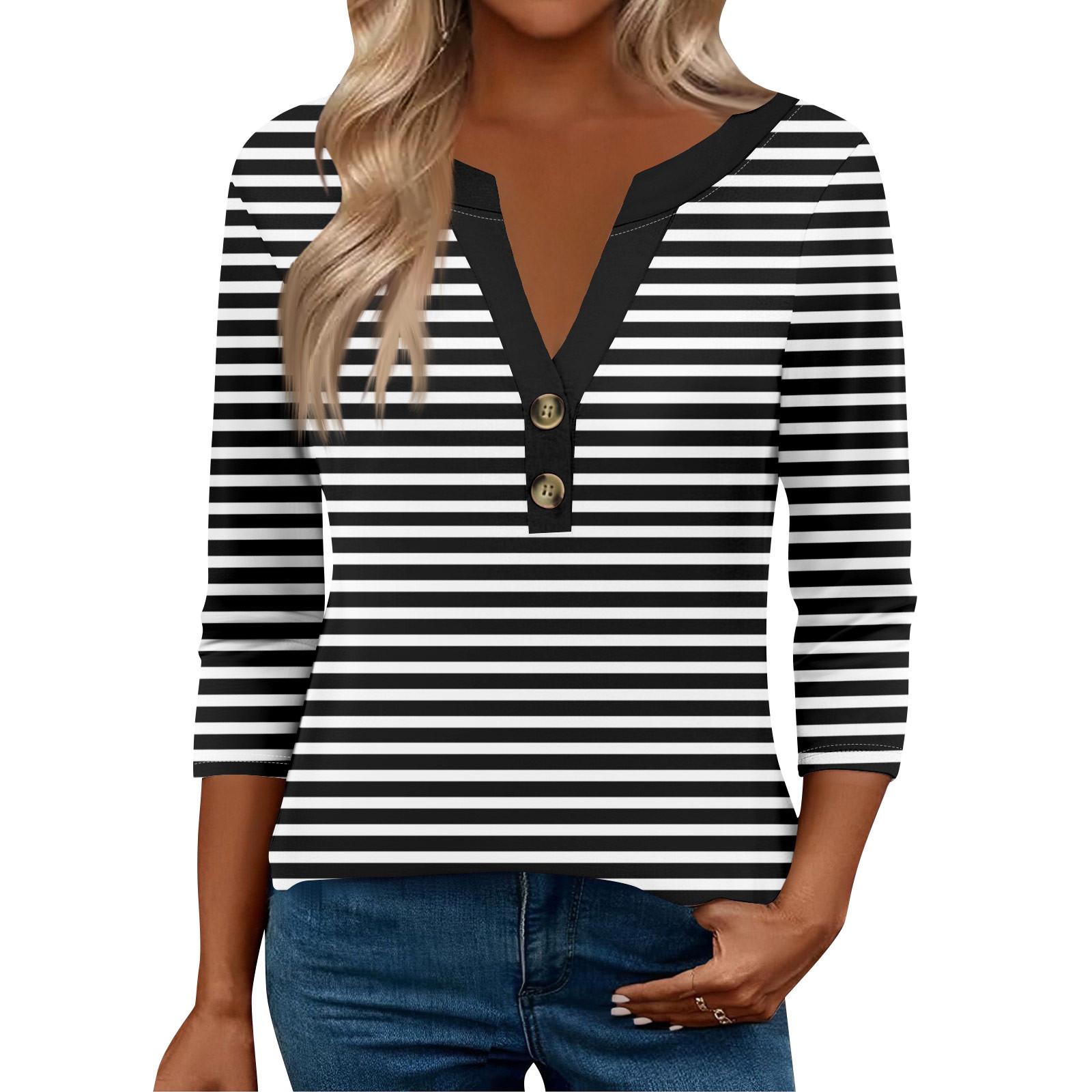 

Женские топы с рукавом 3/4 для женщин, топы хенли на пуговицах с V-образным вырезом, нарядные летние женские топы свободного кроя L чёрный