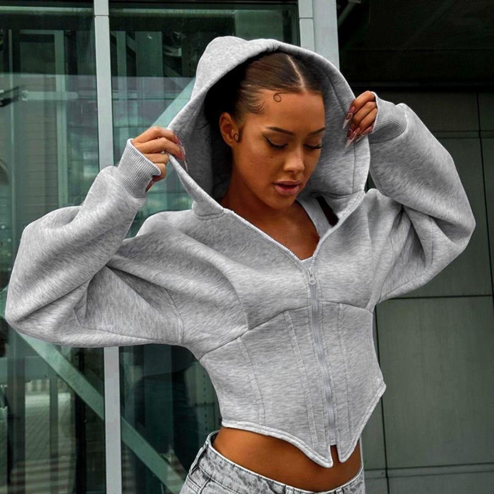 

Fish Bone Hoodies Women V Shape Long Sleeve Hooded Coat Soft Streetwear Cardigan Women S сірий