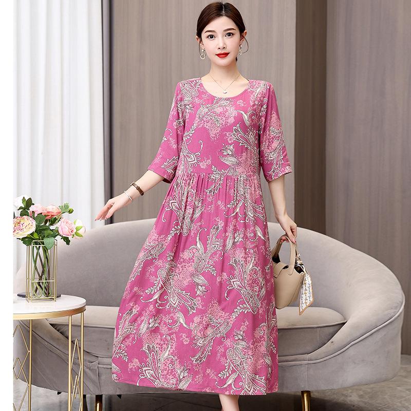 Women's Round Neck Five-Point Sleeve A-Line Floral Print Midi Dress Loose Casual Vintage Style Summer Daily Mom Long Dress
