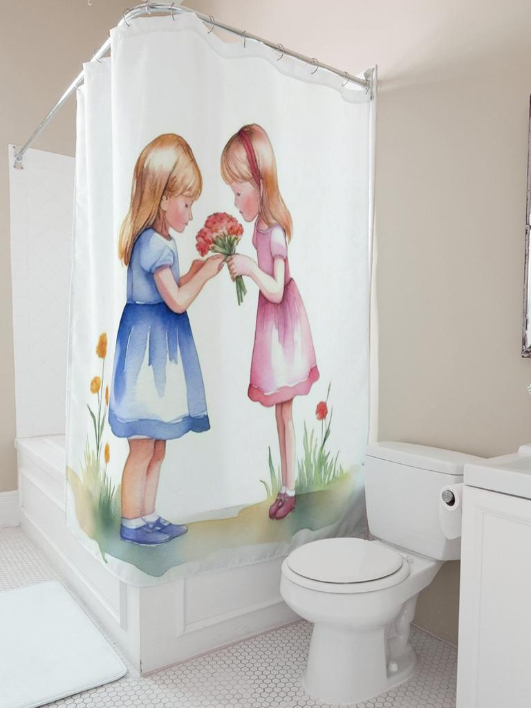 Charming Girls with Flowers Shower Curtain | Watercolor Art Bathroom Decor