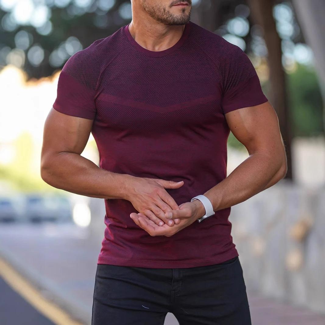 Мужская осенняя спортивная фитнес-повседневная футболка с воротником-стойкой, эластичная катионная, с круглым вырезом и коротким рукавом S пурпурно красный