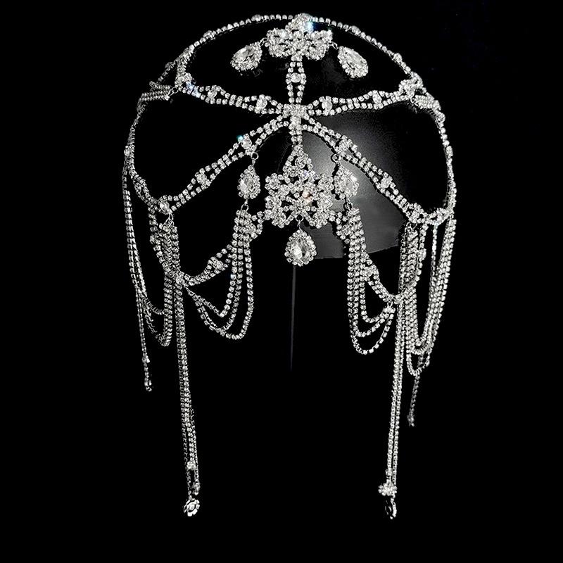 Exquisite Crystal Bridal Headwear Princess Forehead Chain with Pendant Beaded Fringe Bohemian Wedding Headpiece for Women