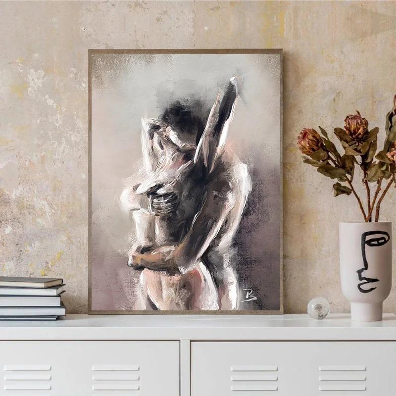 Abstract Couple Kiss Hug Erotic Nude Lovers Embracing Fantasy Sexual Poster Wall Art Pictures Canvas Painting Room Home Decor