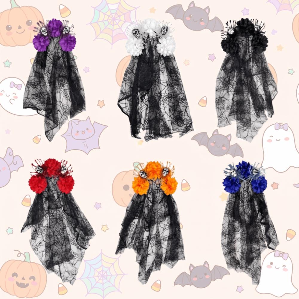 Dark Purple Skull Headband Lace Veil Gothic Hairband Stylish Skull Headwear Halloween Party