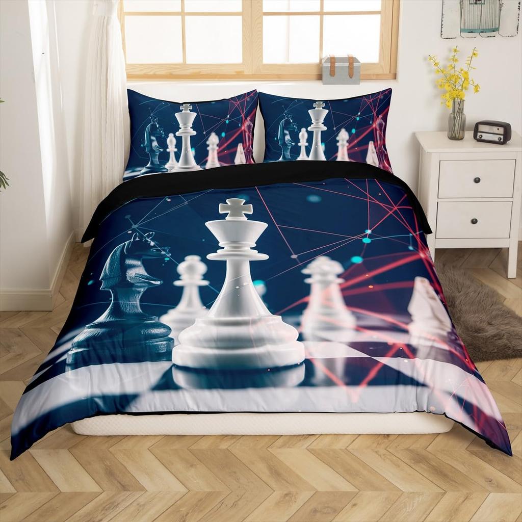 International Chess Duvet Cover for Teens Adults Queen Size Lightweight Down Room Decor 2 Pillowcases 1 Comforter Cover No Quilt