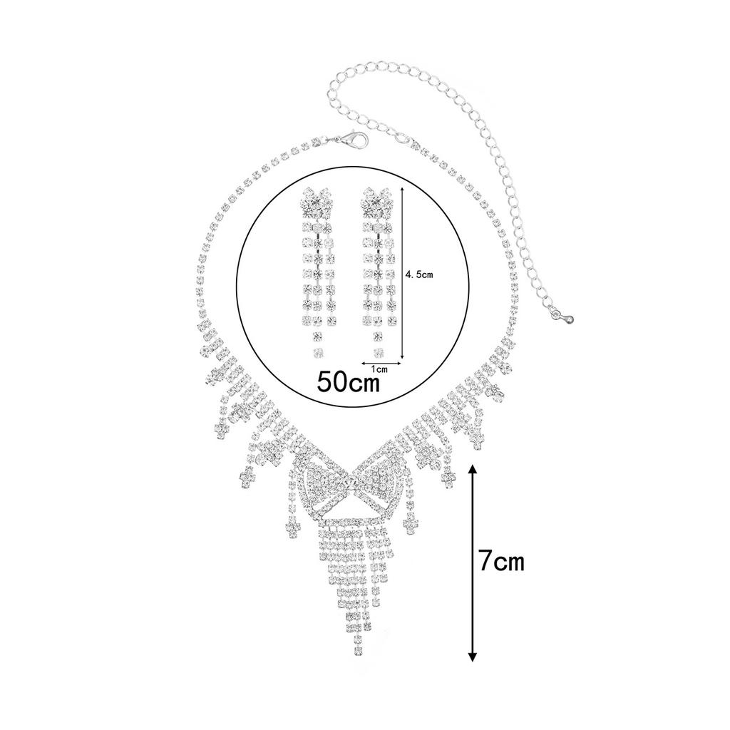 European and American Temperament Luxury Shiny Rhinestone Necklace Earrings Two-piece Set, Bow Tassel Pendant Item Jewelry