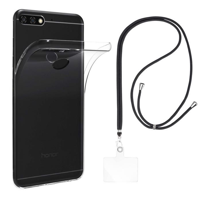 Coque et tour de cou pour Honor 7C - TPU Souple Transparent Cordon Noir réglable Phonillico®