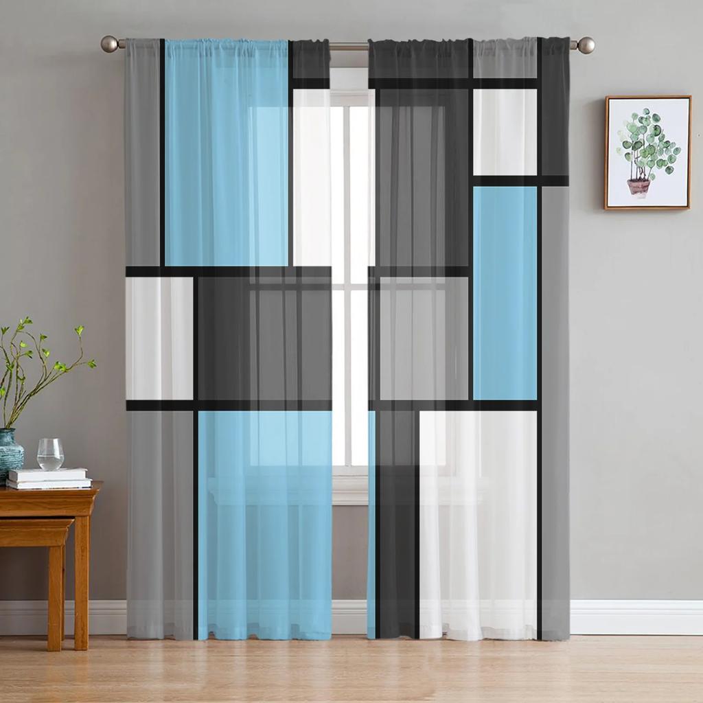 Modern Abstract Geometric Tulle Curtain Drapes Living Room Bedroom French Doors Window Middle Century Chiffon Curtains Sheer Polyester Area Decor