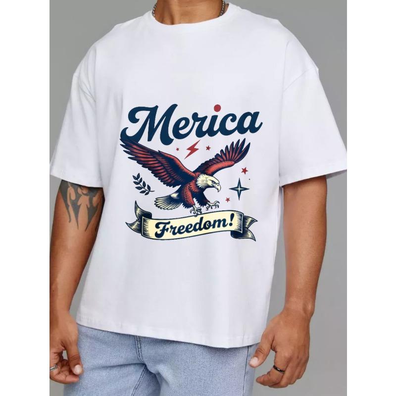 Merica Freedom Eagle Graphic T-Shirt White Patriotic American Eagle Design with Stars and Lightning for Casual Wear Independence Day Celebration