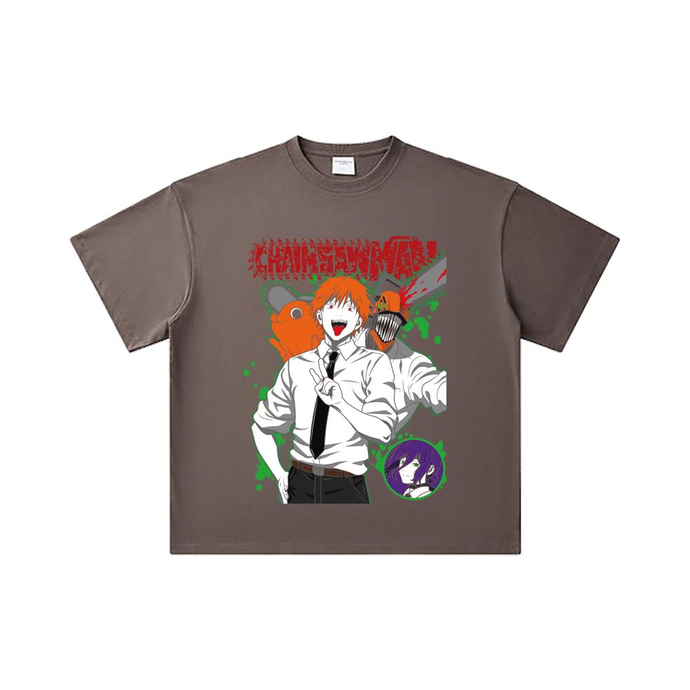 260 GSM Double Yarn 32 Count 100% Cotton Chainsaw Man V46 Denji Print Unisex Heavy Cotton T Shirt