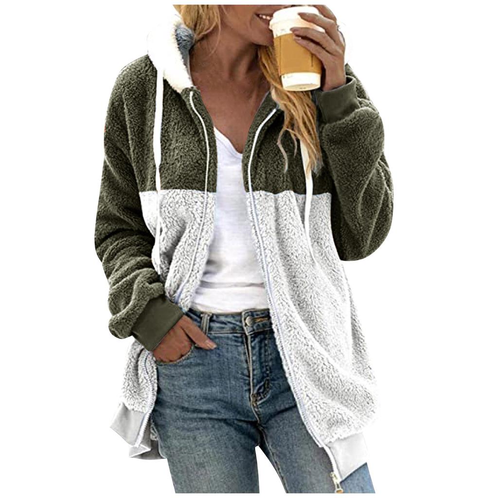 Women's Loose Large Size Plush Multicolor Paneled Hooded Zip Jacket