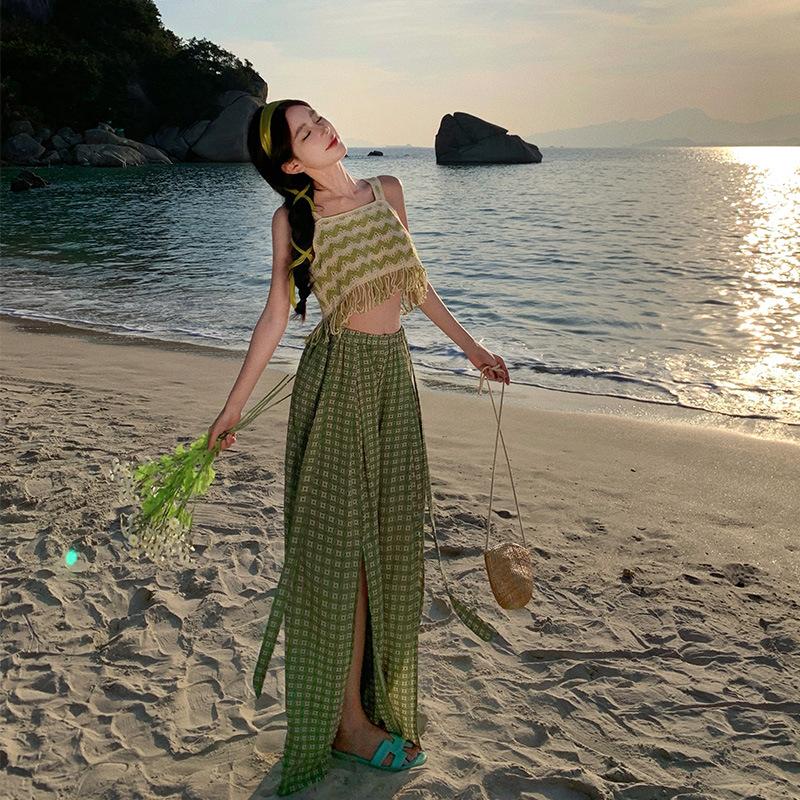 Seaside Wear Suit, Thailand Sanya Vacation Beach Skirt Pants, Bohemian Trousers, Chiffon Wide-leg Trousers, a Complete Set
