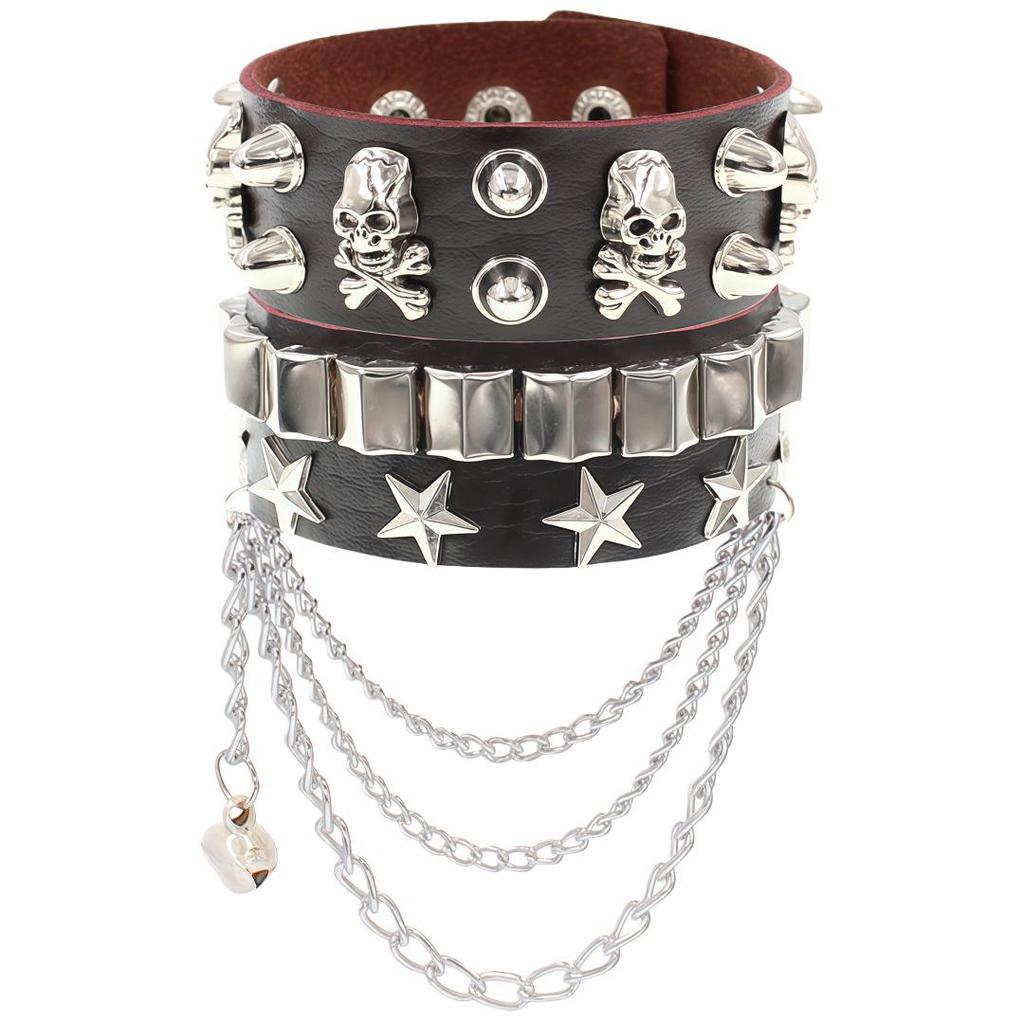 European & American Multi-layer Leather Skull Rivet Punk Bracelet