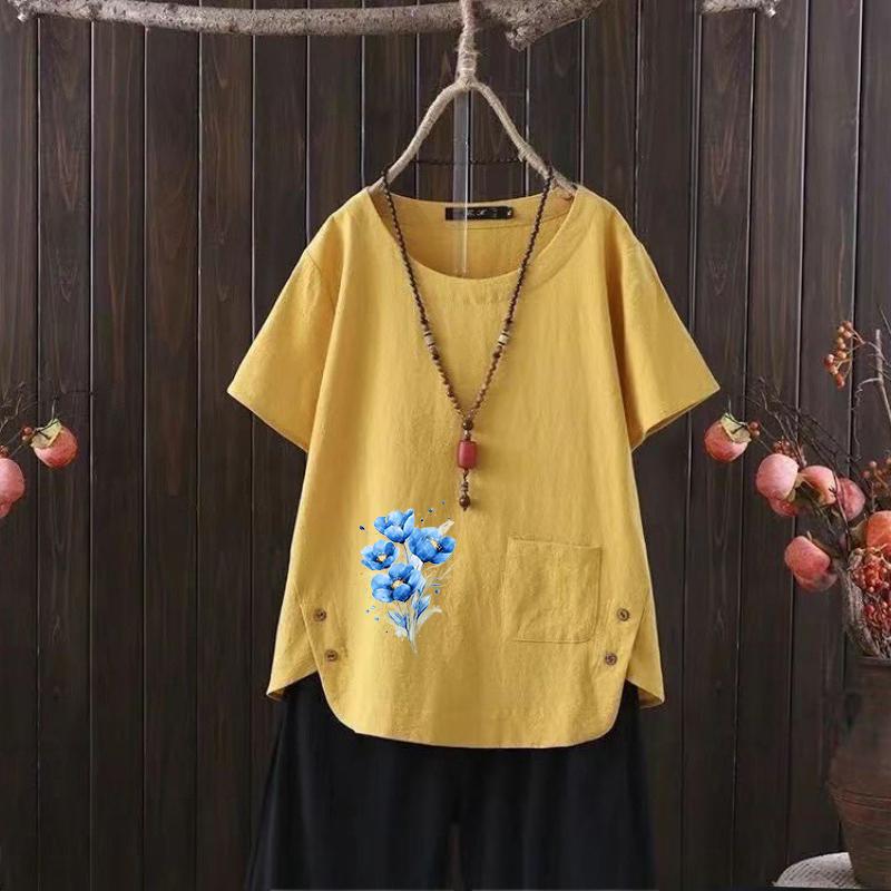 Letní streetwear plátěné tričko, dámská vintage košile s grafikou, uvolněný střih S-4XL