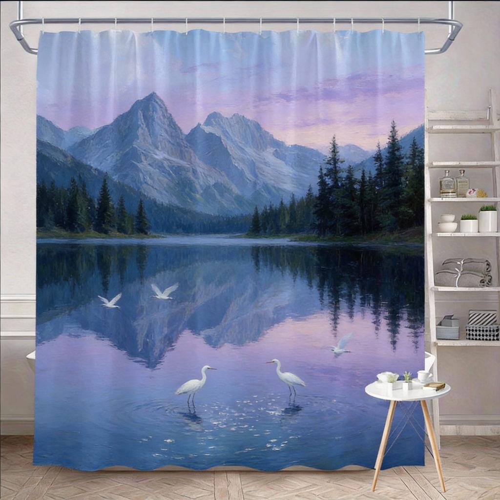 Nature Shower Curtain 180x180cm – Serene Mountain Landscape with River & Pines, Scenic Bathroom Decor, 12 Hooks