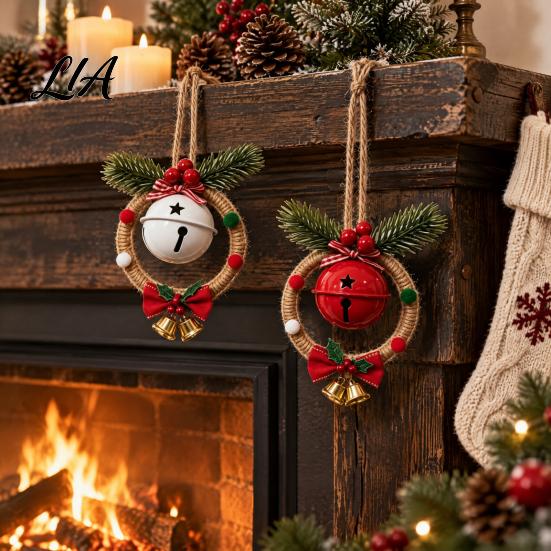 Rustic Holiday Ornaments Christmas Bell Pendant for Decor, Metal Hanging Ornament with Room Decor Hemp Rope Tree Wall And Door Decoration