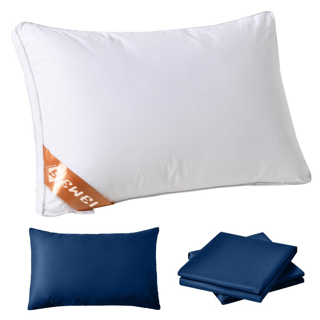 Hotel-quality Pillow with Two Pillowcases, Suitable for Side Sleepers, Breathable, Washable, 3D Construction, Gift Included (63 X 43 X 20 Cm, Navy)