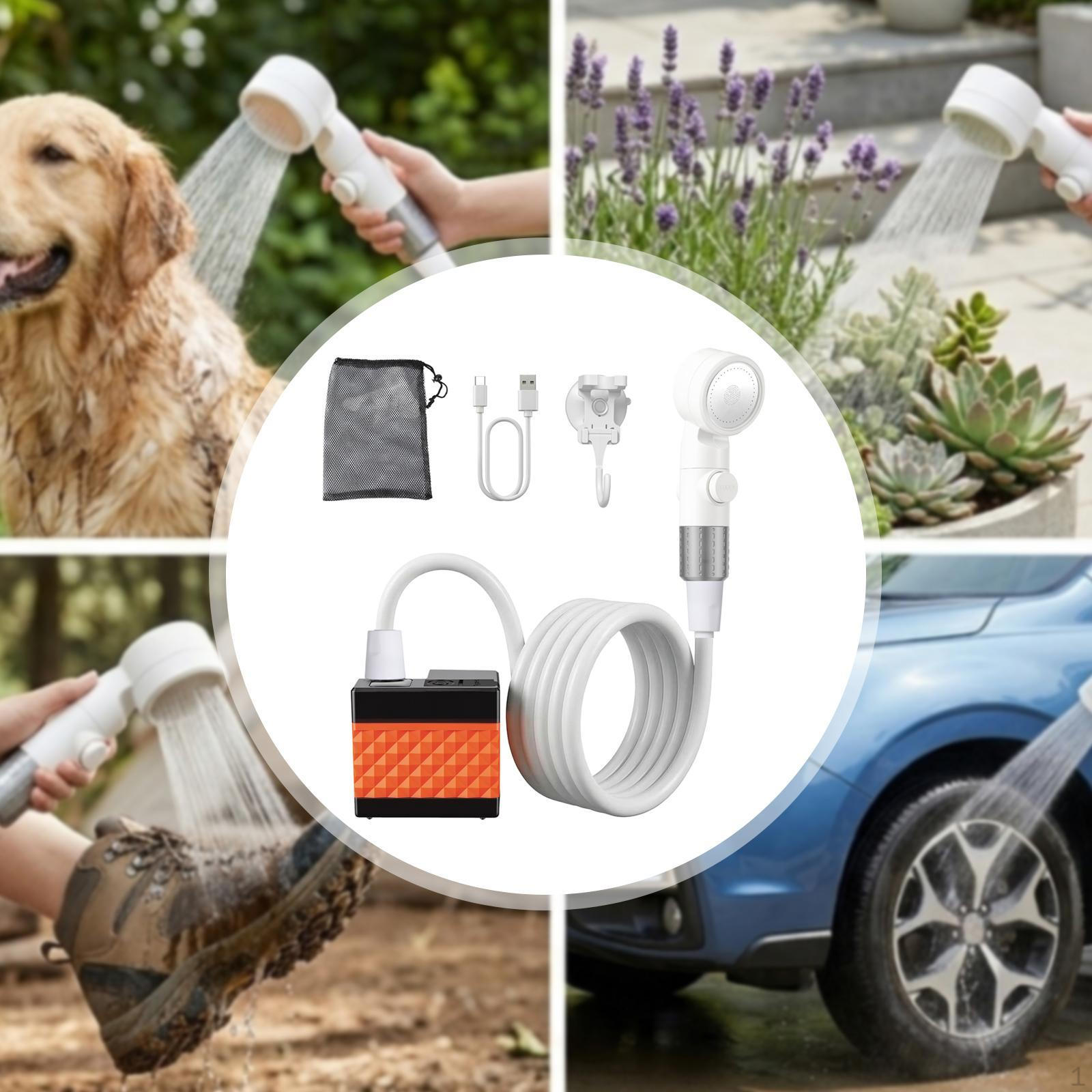 Portable Camping Shower with Storage Mesh Bag Outdoor Bathing Hose for Car