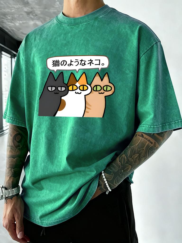 Cartoon Funny Cats Printed Men Washed Tee Shirt ONeck Cotton TShirts Casual Summer Clothes Vacation Beach Style Streetwear