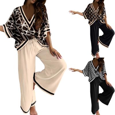 Dames Top met Print en Mouwen Casual en Wijde Pijpen Broek Set
