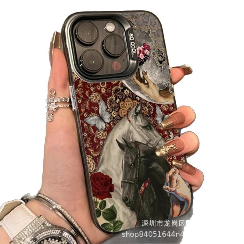 Retro Black and White Horse for Apple 15 Color Silver iPhone14Pro Creative 11promax Matte 16 Protective Case X