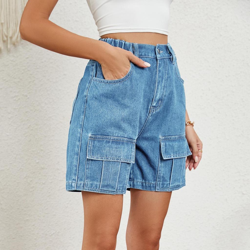 Washed Elastic Waist Workwear Casual Denim Shorts for Summer