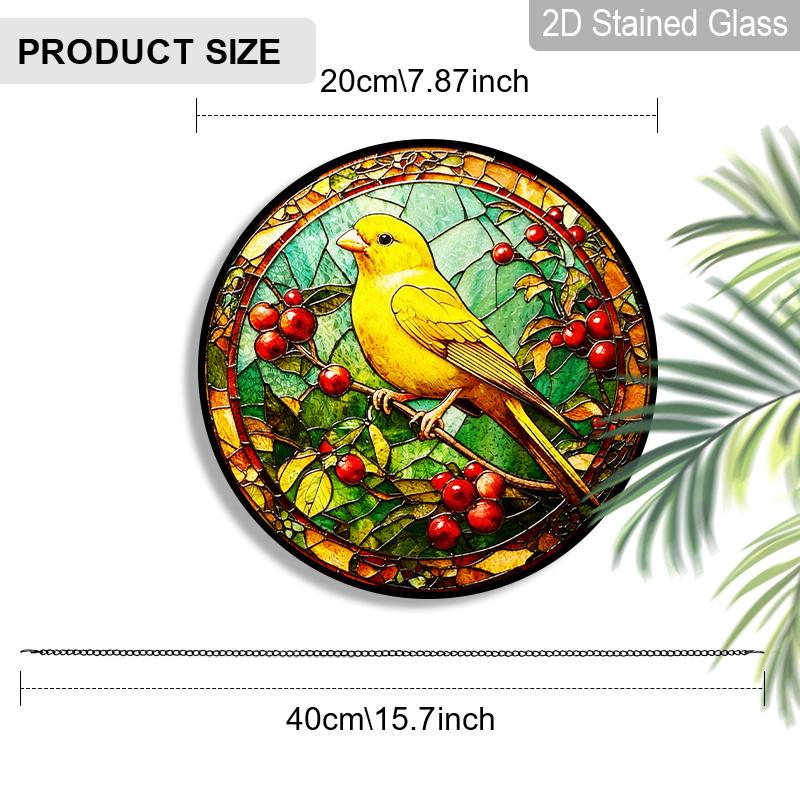 2D Flat Stained Glass Canary Bird Window Decoration, 7.87inches Yellow Bird Red Fruits Design Colored Glass Plate with Chain, Charming Spring Summer