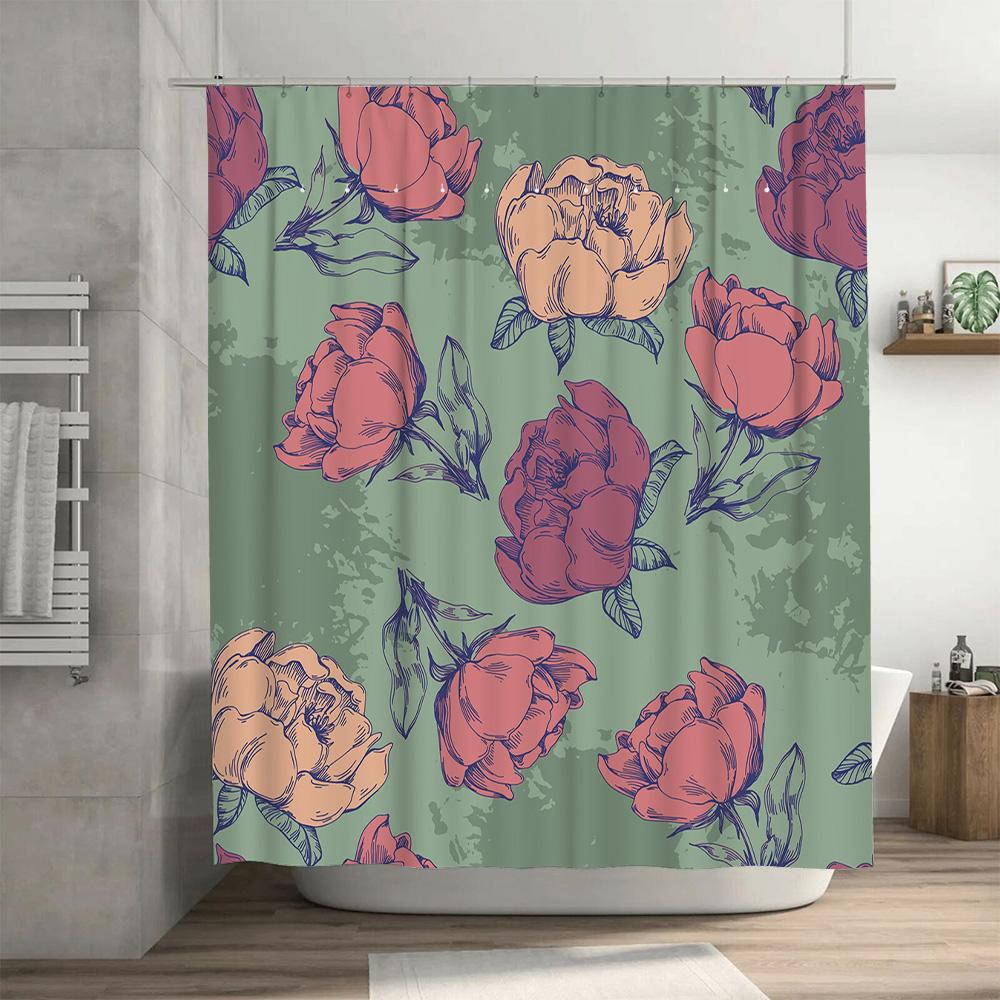 Vintage Peony Floral Shower Curtain Green Pink Red Decorative Waterproof Fabric Home Bathroom Decoration Modern Boho Style Luxur