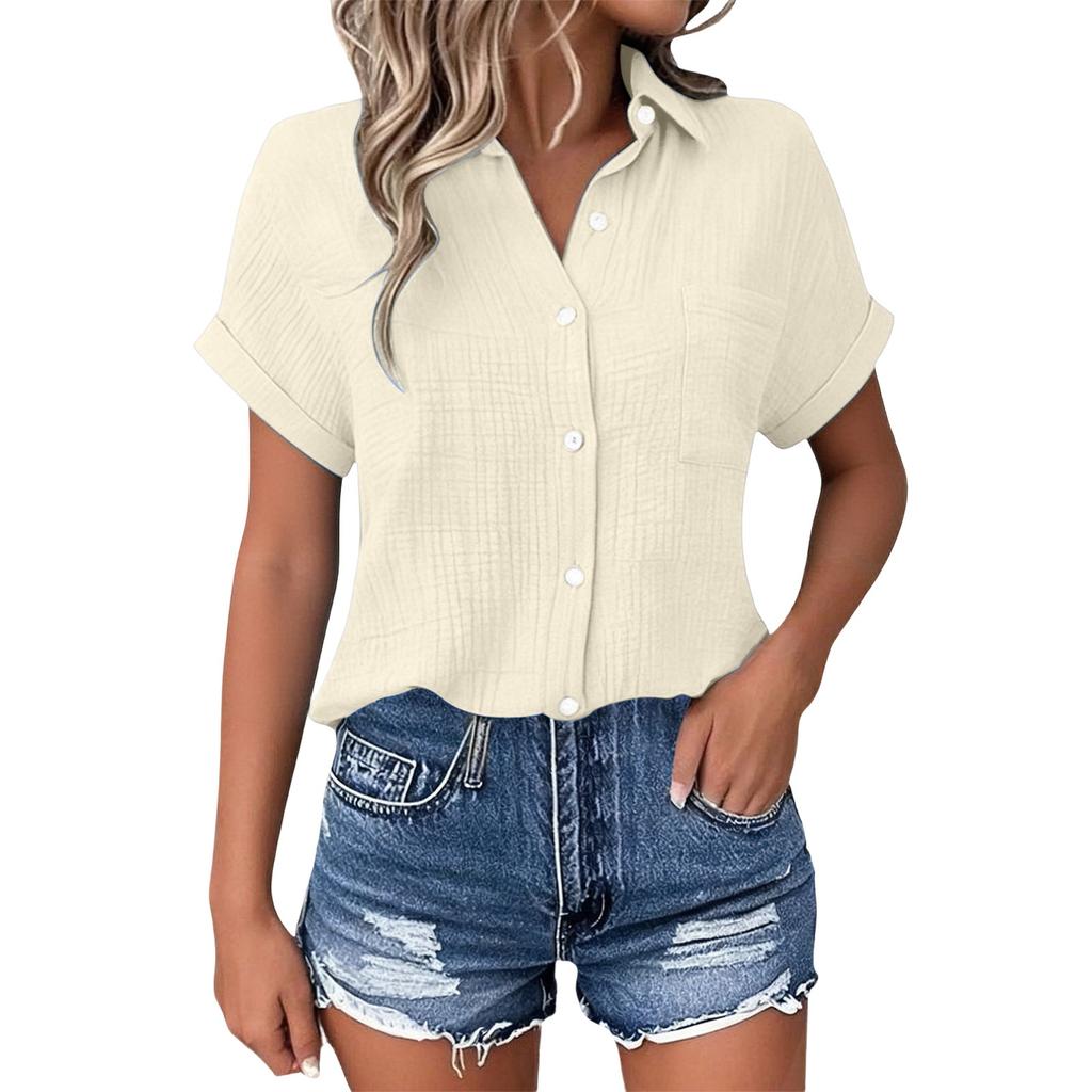 Womens Summer Fashion Color Lapel Casual Button Pocket Short Sleeved Shirt Top