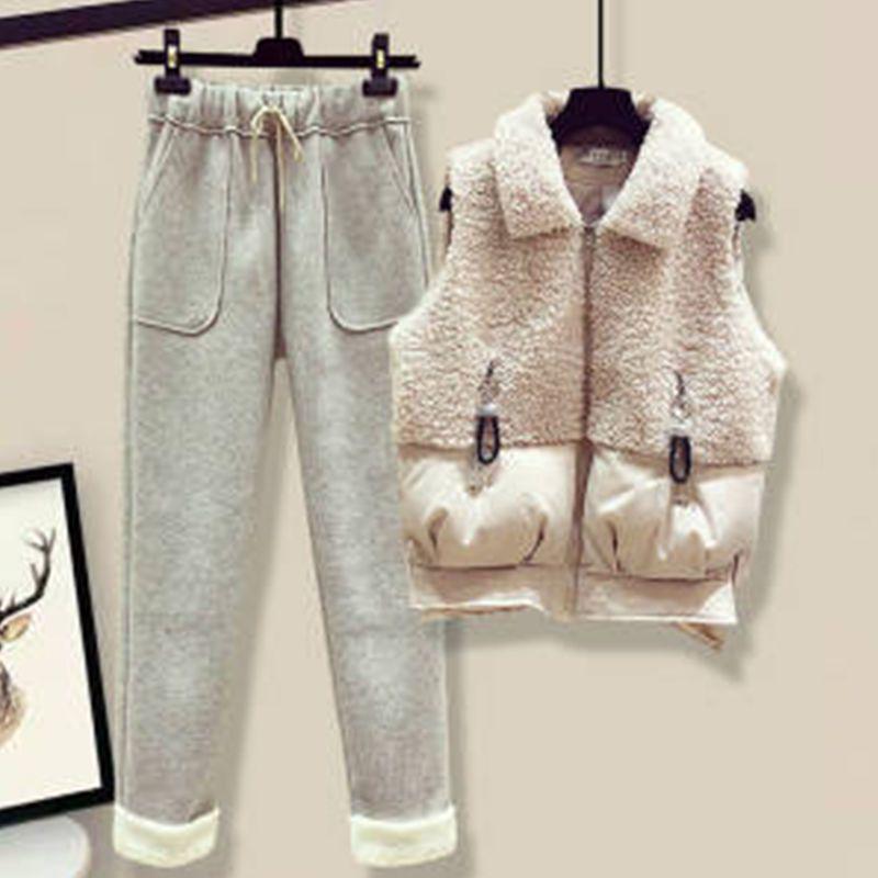 Sweet and Salty Street-Style Winter Vest, Lamb's Wool Sweatshirt, Wool Blend Pants Set: Trendy Autumn/Winter Women's Outfit, Youthful Style