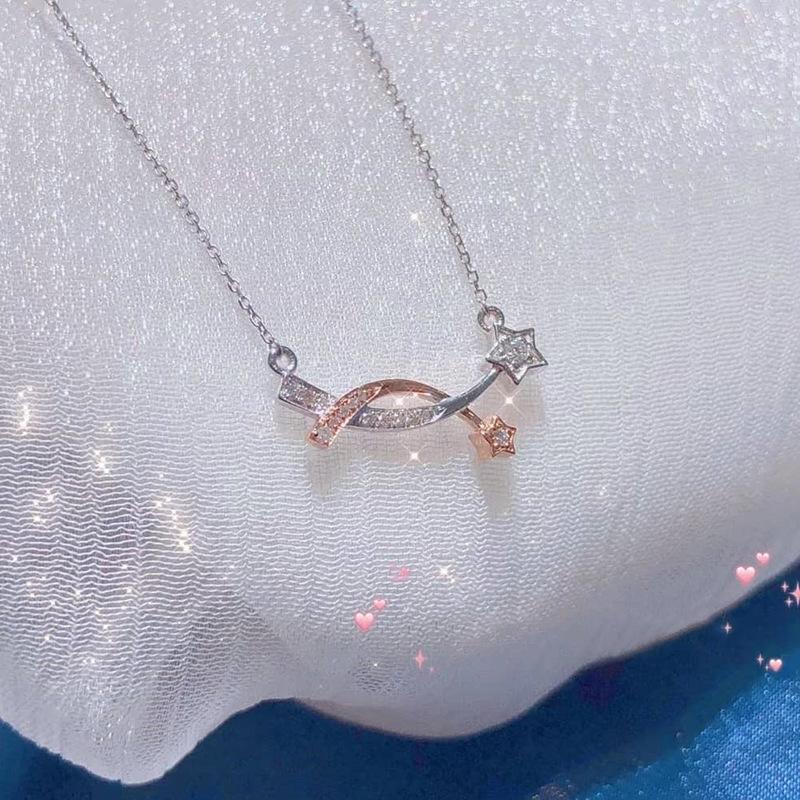 Two Tone Twisted Ribbon Full Paved Cubic Zirconia Double Star Pendant Minimalist Women Clavicle Necklace