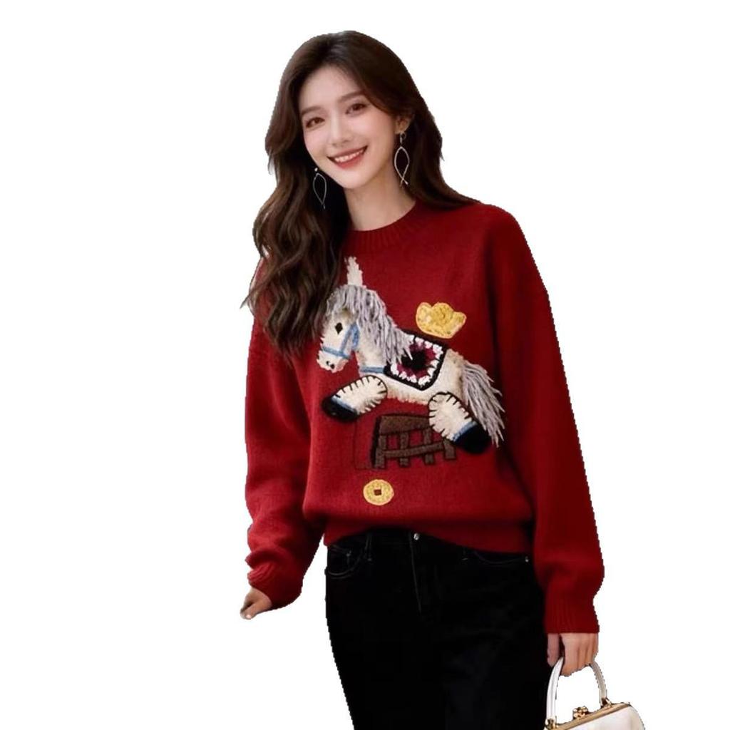 Women's Red Embroidered Horse Sweater - Round Neck, Soft Winter Knit, New 2026 Style