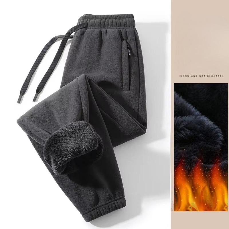 Men's Winter Pants Thickened Solid Zip Pocket Double-sided Polar Fleece Knit Sweatpants Windproof Pants