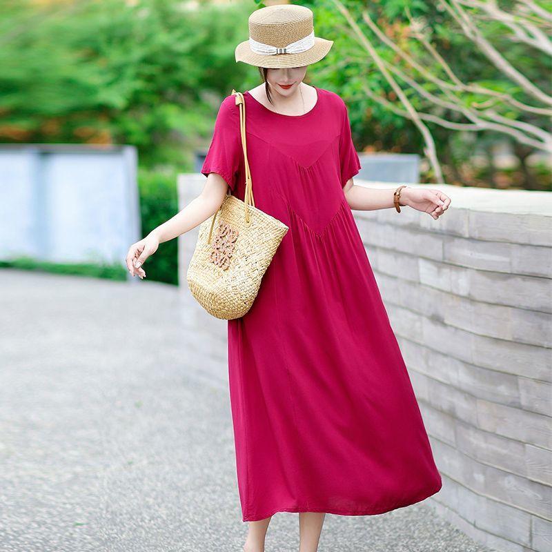 Summer Women's Plus Size Dress Loose Round Neck Floral Dress Soft Skin-friendly Breathable Long Dress