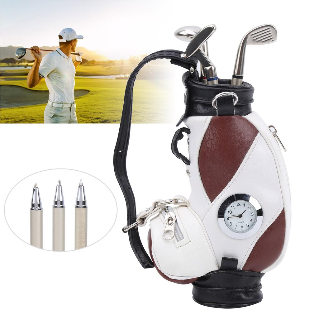 Mini Desktop  Golf Bag Pen Clock  Zinc Alloy PU Leather with Golf Pens Souvenir Set GiftBrown White