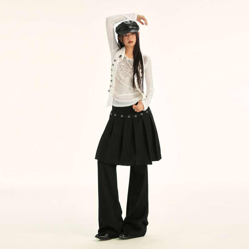 American Retro Pleated Skirt-Pants Two-Piece Long Suit with Unique Design