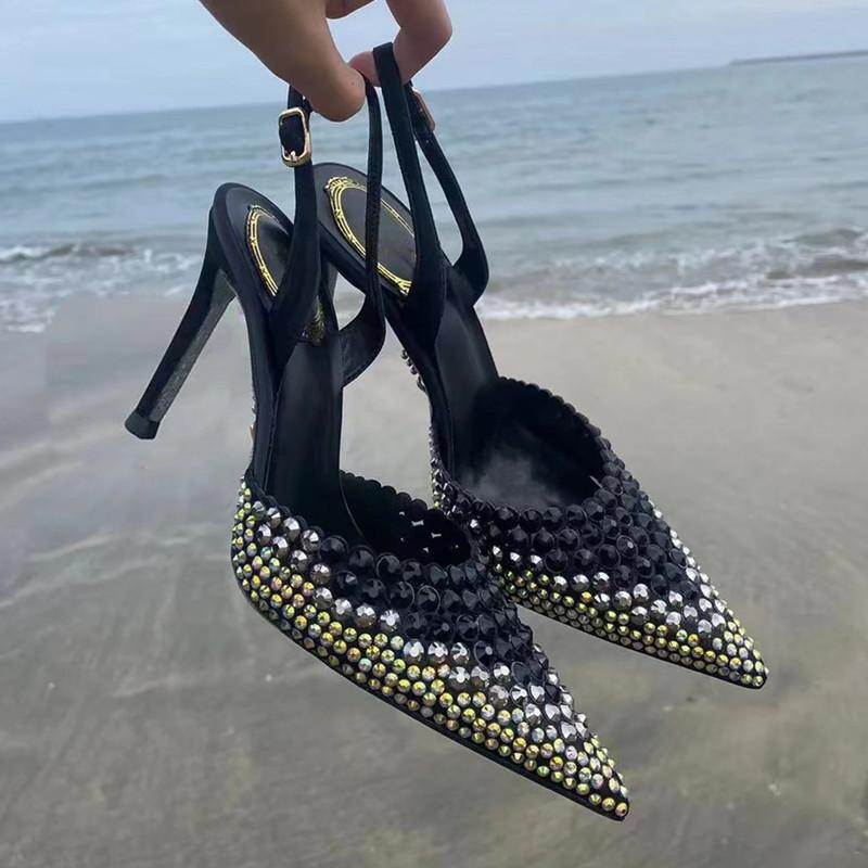Fashion Star style Gradient Rhinestones Pointed toe Stiletto High heels Women Sandals Fashion Spring Summer Slingbacks Party Prom Shoes
