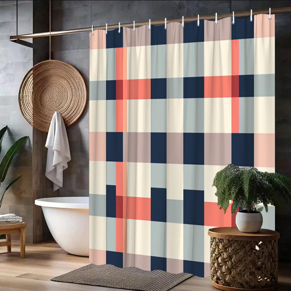Color Block Plaid Shower Curtain Navy, Coral & Beige Grid Design, Modern Minimalist Pattern for Contemporary Bathroom Decor